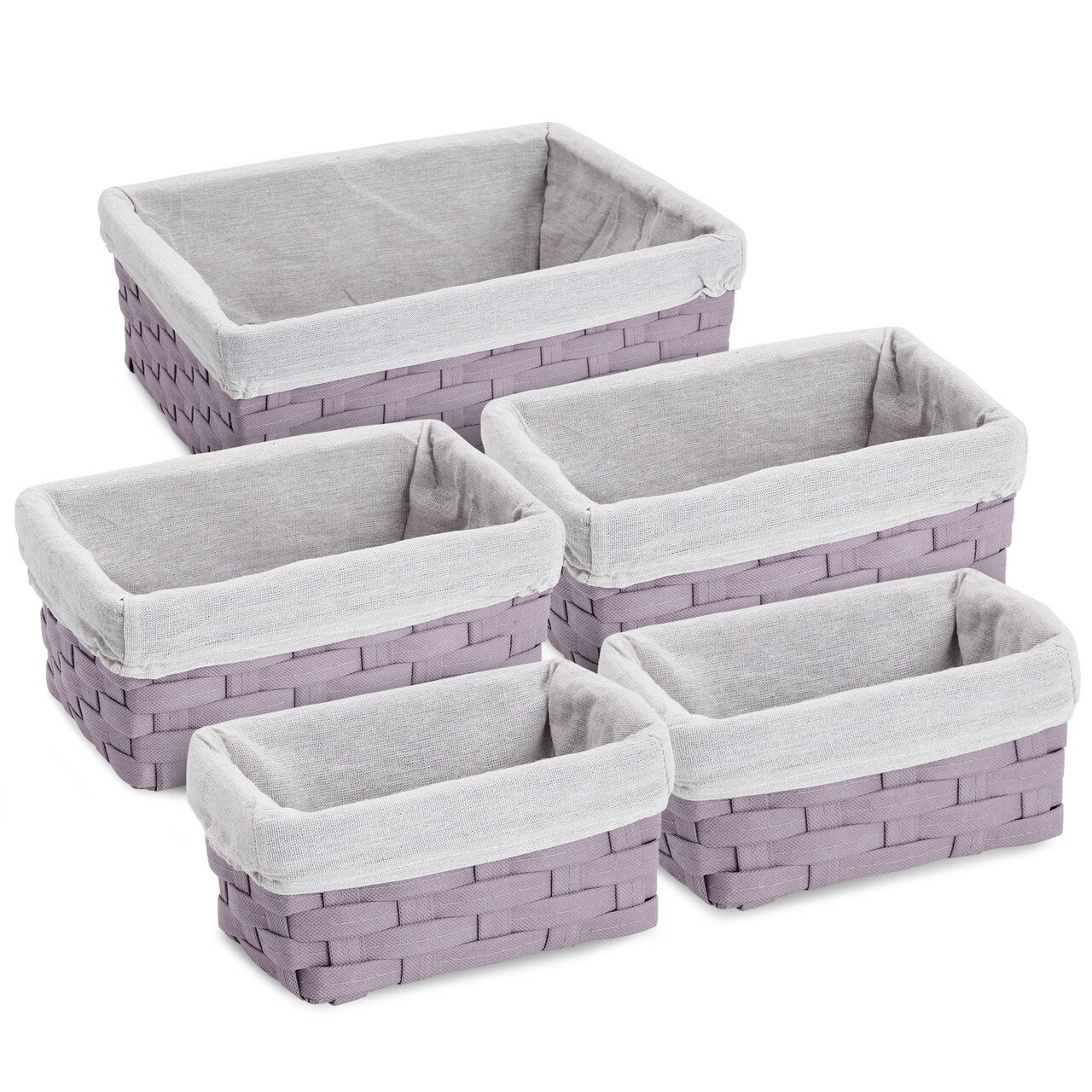 5 Piece Set Woven Nesting Storage Baskets, Decorative Wicker Bins for Organizing, Lavender (3 Sizes)